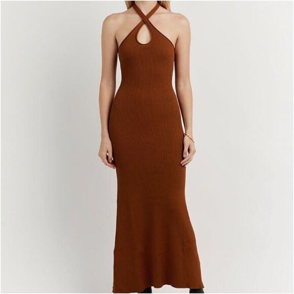 DISSH Toni Halter Dress Brown Keyhole Ribbed Knit Keyhole Maxi Size Small - Picture 1 of 7